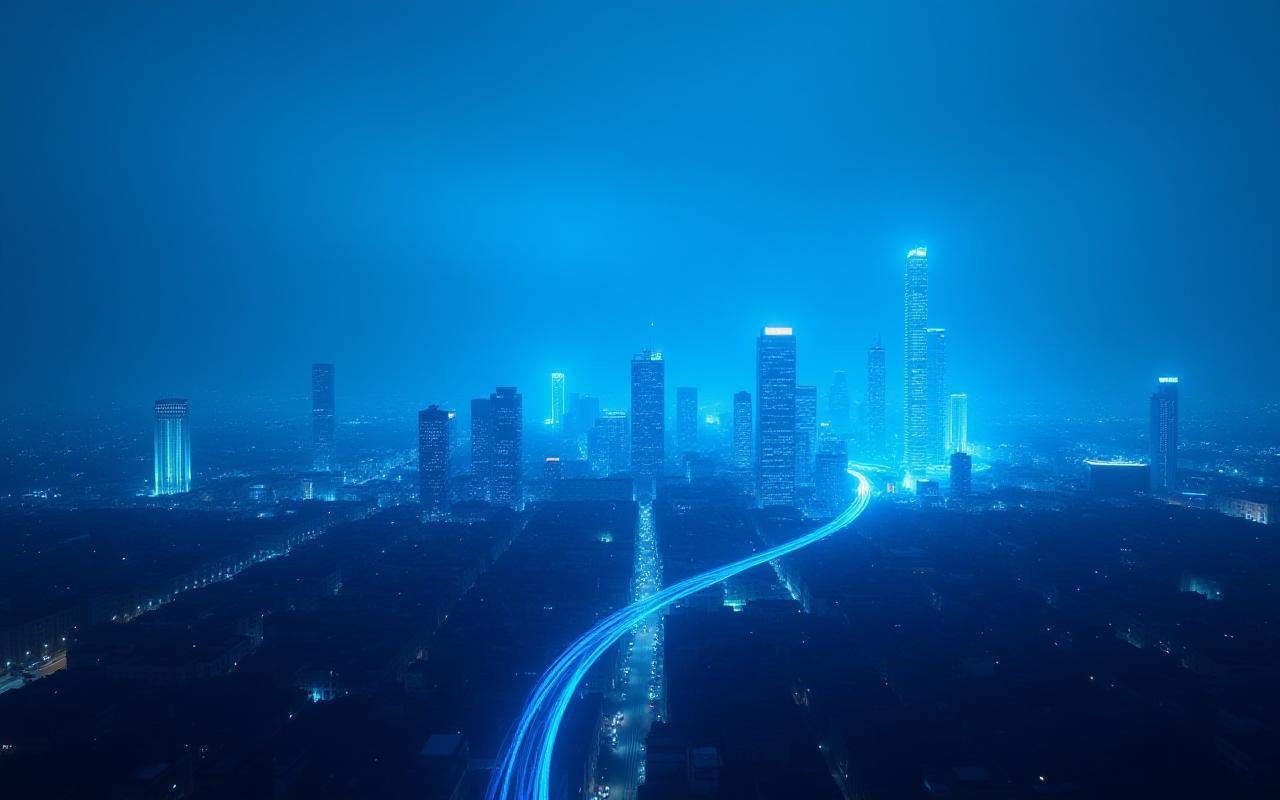 Vista panoramica di Milano con luce blu su reti in fibra ottica