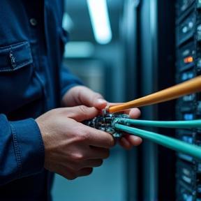 Tecnico che installa cavi in fibra ottica in ufficio moderno