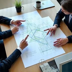 Incontro tra consulenti con piantina di infrastruttura di rete